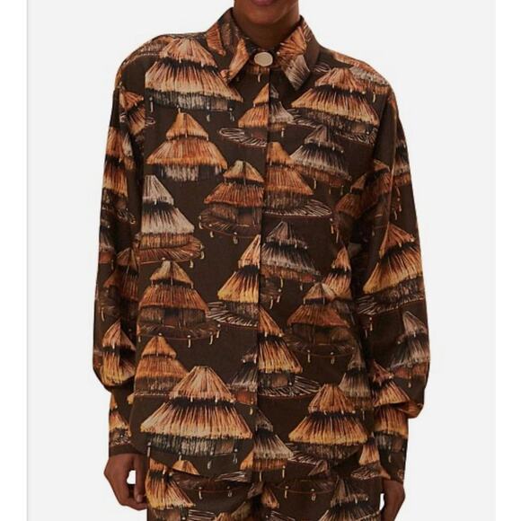 NWT Farm Rio x Yawanawa The Shuhu Brown Long Sleeve Button Up Shirt, size M - Picture 1 of 13
